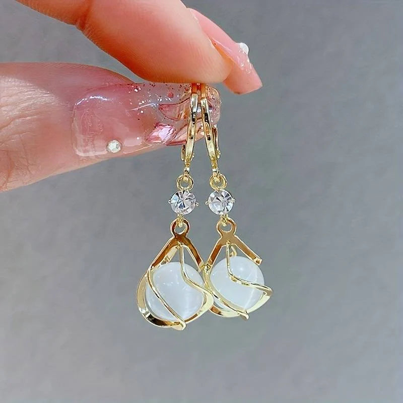 Vintage White Opal Dangling Golden Earrings