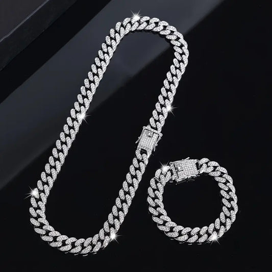 2pcs Cuban Link Chain Necklace & Bracelet Set – Unisex Hip-Hop Jewelry